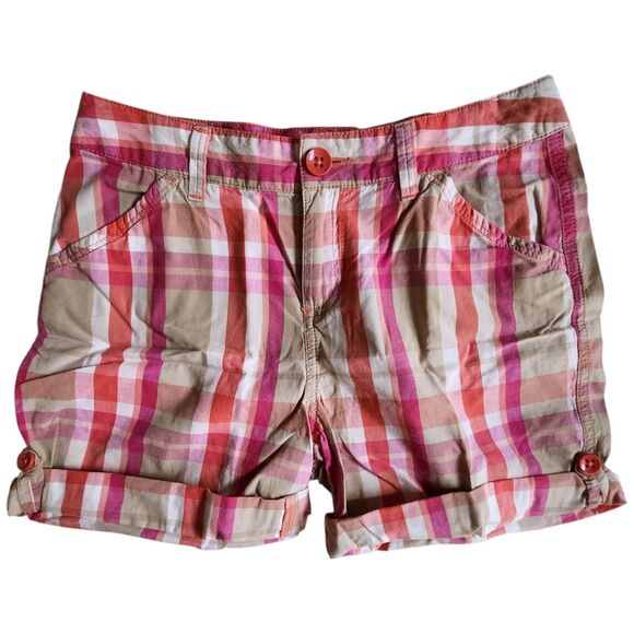 So Pink Orange Plaid Cuffed Adjustable Waist Shorts Sz 16 - Picture 1 of 12